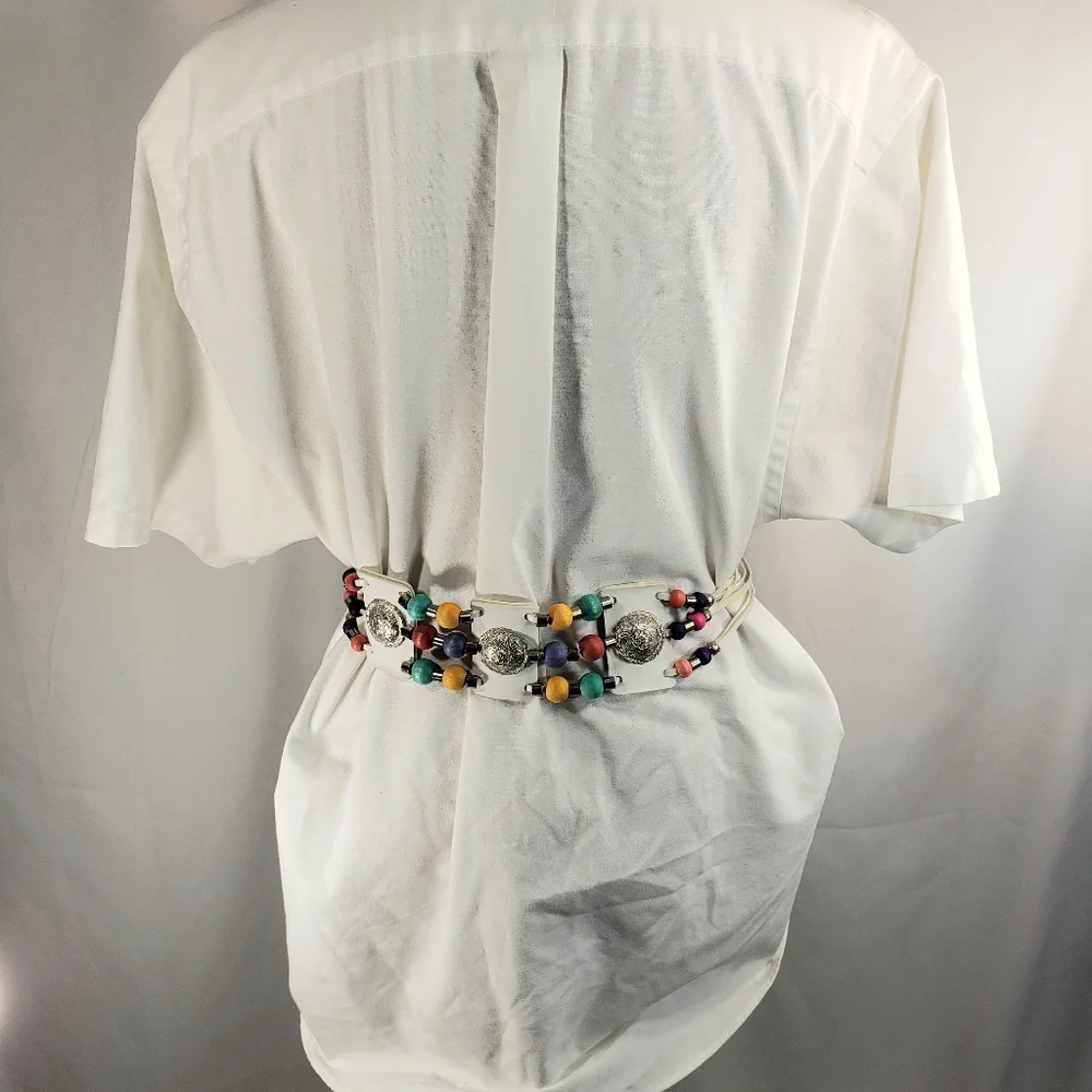 Designer Western Style White w/Multi  Leather Wooden Bead Accents Belt